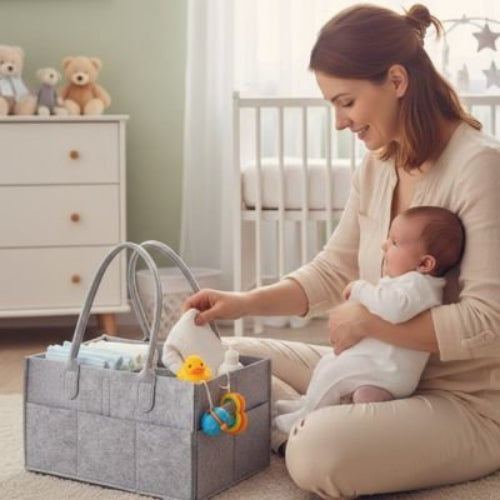 Panier rangement bebe pratique et style maman au sol avec son bebe