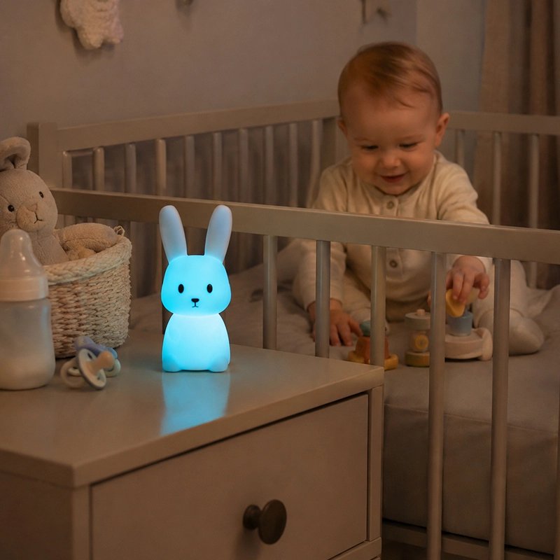 Veilleuse lapin ultra douce bebe est assis dans son berceau