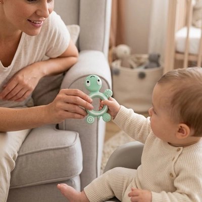 Anneau dentition bébé apaisant maman donne le jouet a son bebe