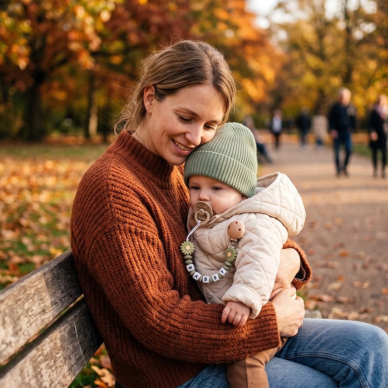 Attache tetine elegant et doux maman et bebe sur un banc public