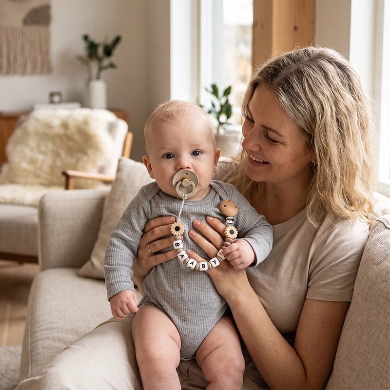 Attache tetine elegant et doux maman joue avec son bebe