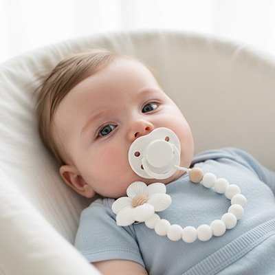 Attache tetine personnalisable tetine dans la bouche de bebe