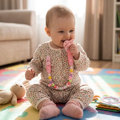 Attache tetine securibebe bebe assis avec sa tetine