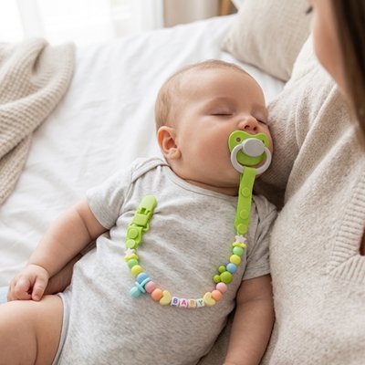 Attache tetine securibebe bebe dort dans les bras de maman