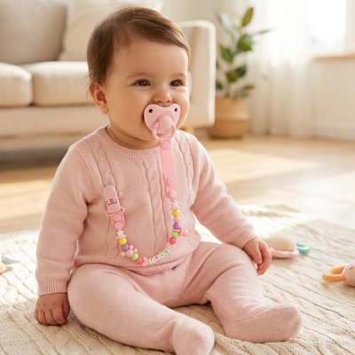 Attache tetine securibebe rose bebe assis avec sa tetine