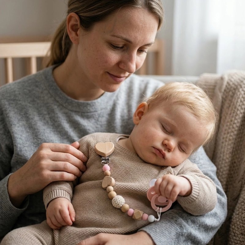 Attache tetine securisee et coloree bebe dort dans les bras de sa maman