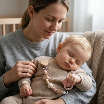 Attache tetine securisee et coloree bebe dort dans les bras de sa maman