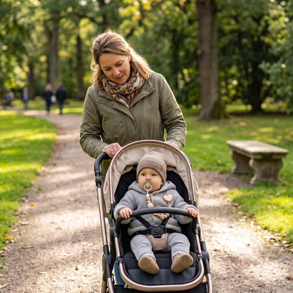 Attache tetine securisee et coloree maman et bebe en balade