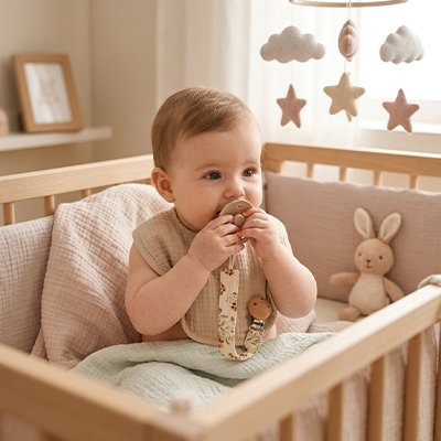 Attache tetine securisee et pratique bebe assis dans son berceau