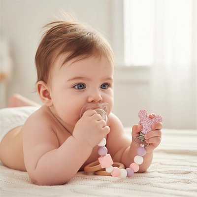 Attache tetine securisee et tendance bebe sur le ventre