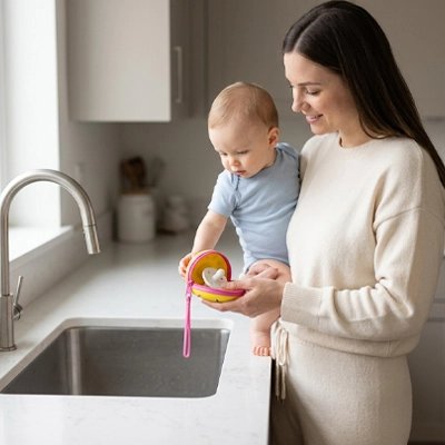Boite a tetine​ pratique et hygienique maman et bebe devant le lavabo