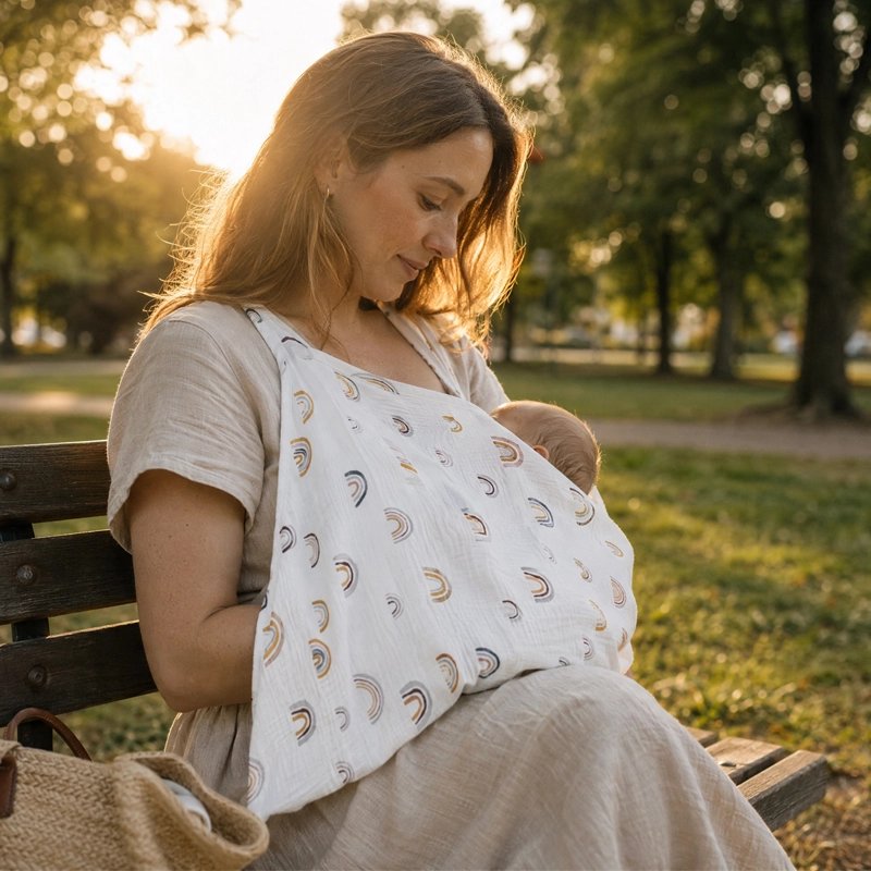 Cape d'allaitement intemporelle maman allaite bébé sur un banc public