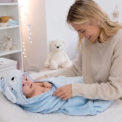 Cape de bain bebe ultra douce maman enveloppe son bebe