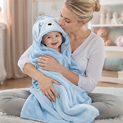 Cape de bain bebe ultra douce maman fait un bisou a son bebe