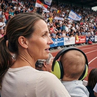 Casque anti bruit bébé confort certifié maman et son bébé en plein stade