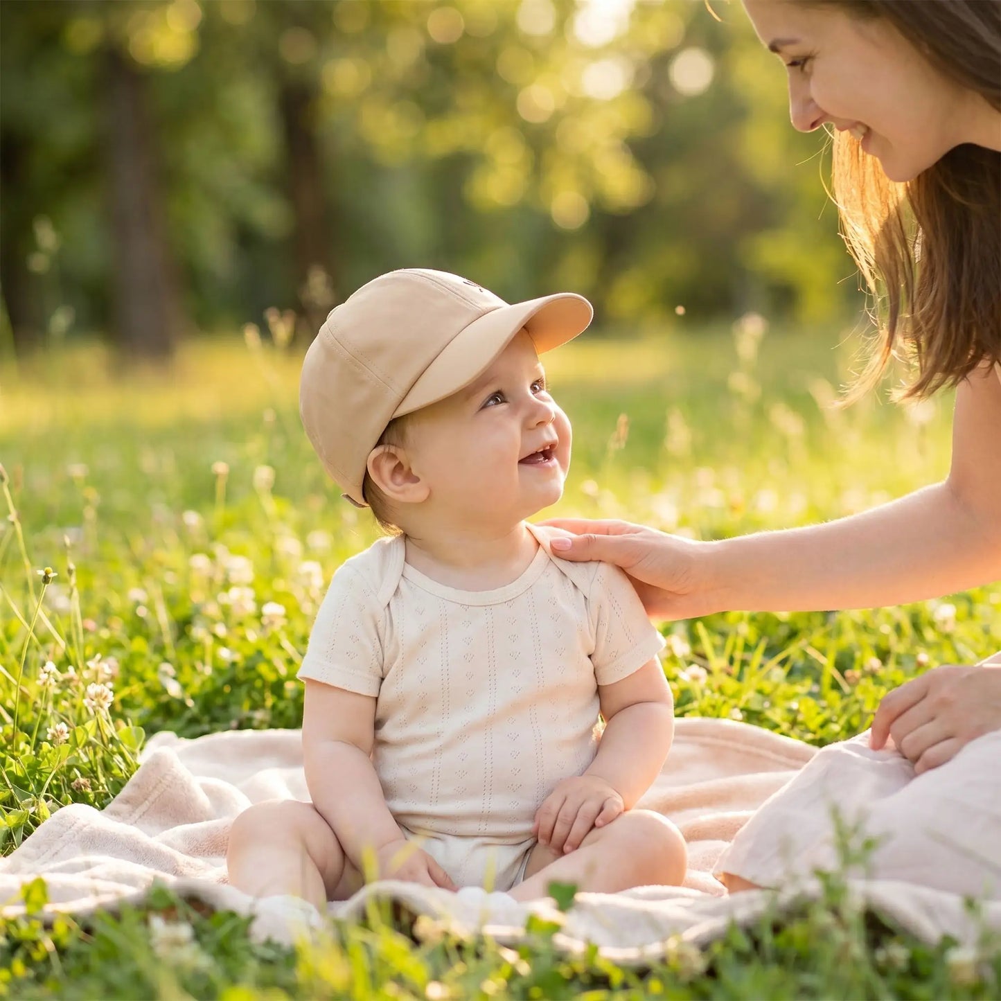 Casquette bebe noeud coeur maman et bebe assis sur la pelouse