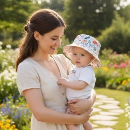 Chapeau bebe Coton Bio Protection maman et bebe sont dans un jardin