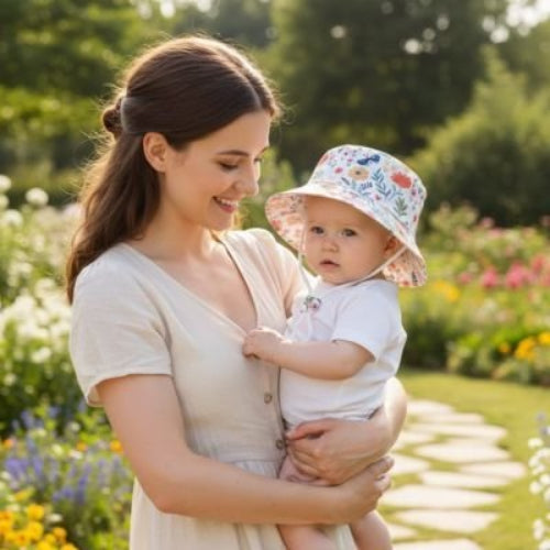 Chapeau bebe Coton Bio Protection maman et bebe sont dans un jardin