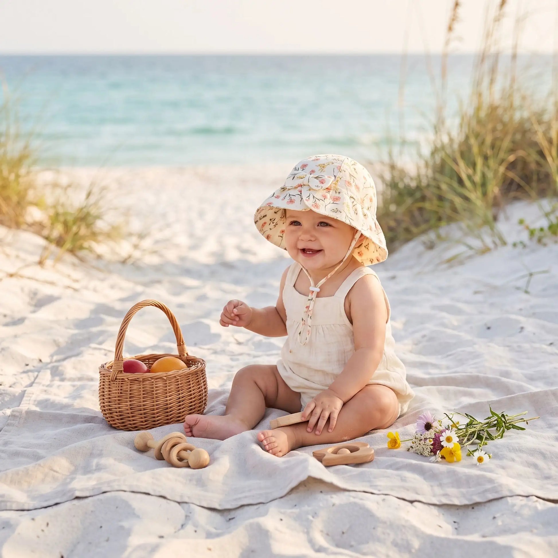 Chapeau bebe protection UV florale bebe sur le sable