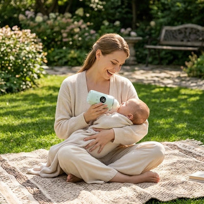Chauffe biberon nomade sans fil maman nourrit bebe au parc