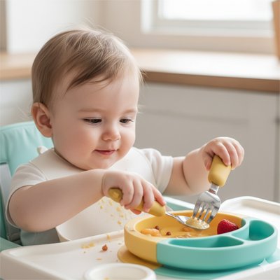 Couvert bébé​ ergonomique bébé mange tout seul