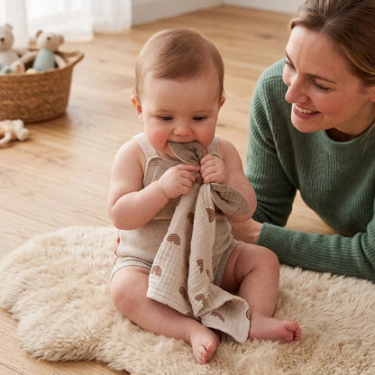 Doudou bebe coton bio ultra doux maman joue avec son bebe
