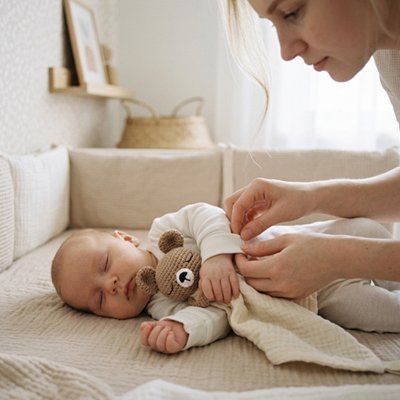 Bebe dort avec doudou en face de maman