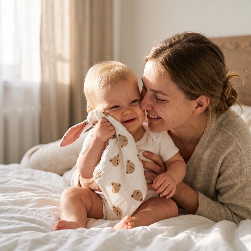 Doudou confort maman fait un bisou a son bebe