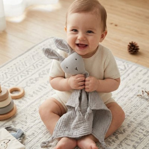 Doudou lapin bebe joli regard avec son doudou
