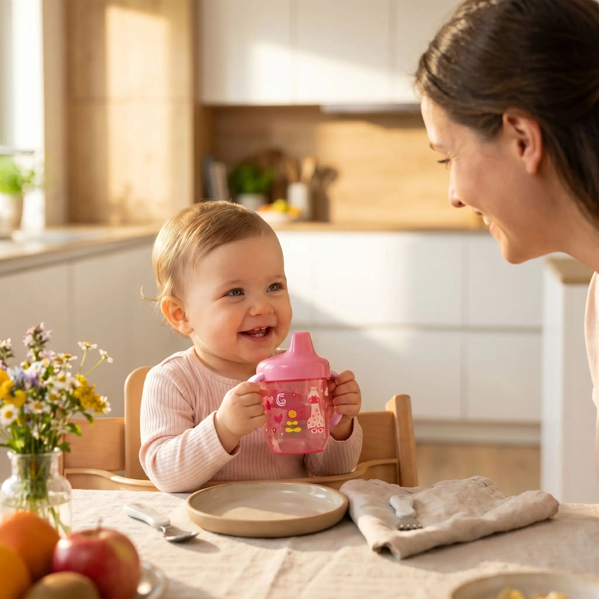 Gobelet bebe apprentissage anti fuite bebe a table avec maman