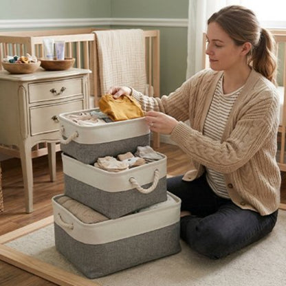 Panier rangement bebe elegant et pratique maman assise au sol pour ranger