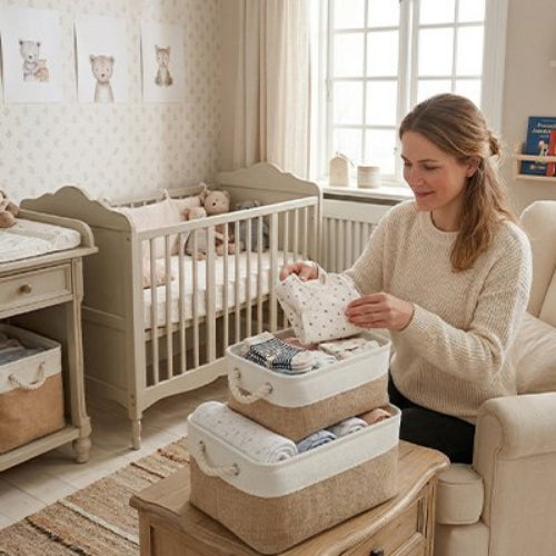 Panier rangement bebe elegant et pratique maman assise et range