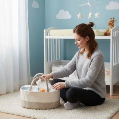 Panier rangement bebe organibebe maman est assise avec le panier