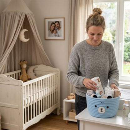 Panier rangement bebe pratique et colore maman utilise son panier