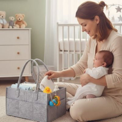 Panier rangement bebe pratique et style maman au sol avec son bebe