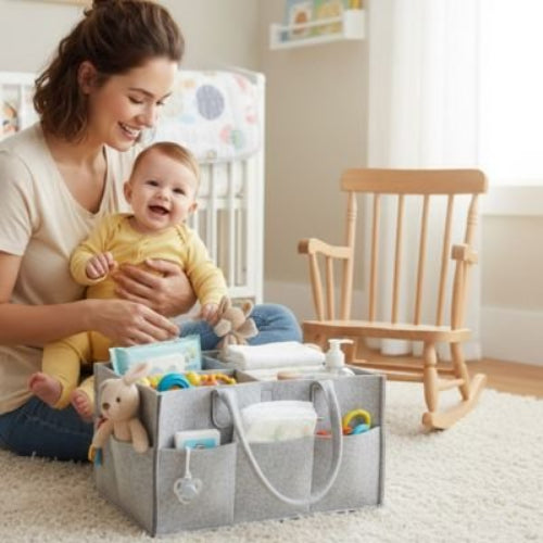 Panier rangement bebe pratique et style maman joue avec bebe