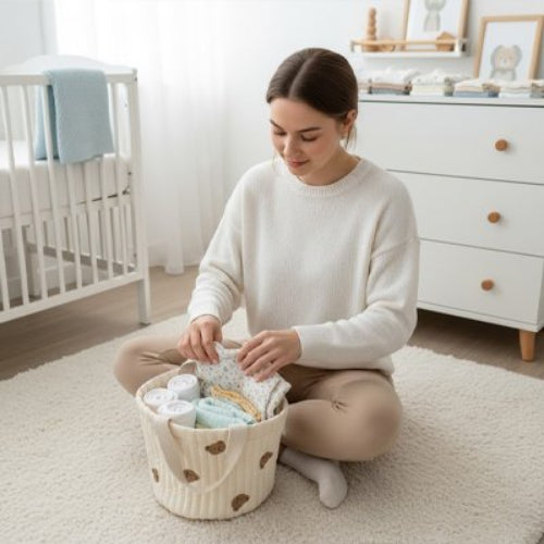 Panier rangement bebe tendance pratique maman est assise avec son panier