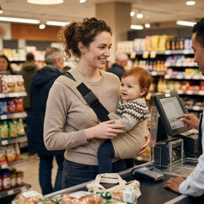 Porte bebe confortable maman et bebe font les courses