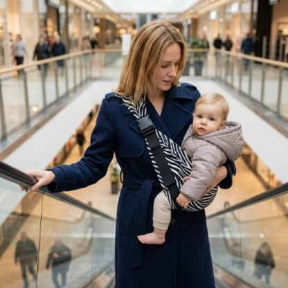 Porte bebe ergonomique confort optimal maman et bebe prennent un escalator