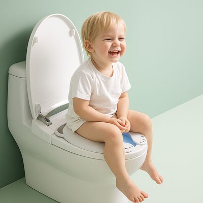 Réducteur de toilette confort autonomie bebe est assis sur le pot