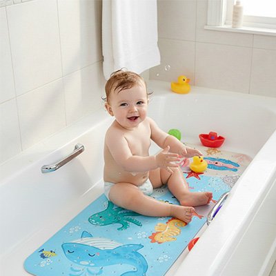 Tapis de bain bebe  antiderapant bebe attend de prendre son bain