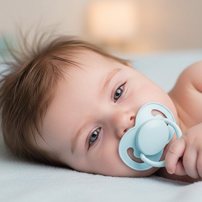 Tetine bebe bleu bebe avec sa sucette dans la bouche