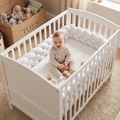 Tour de lit tresse protection douce bebe assis dans le berceau