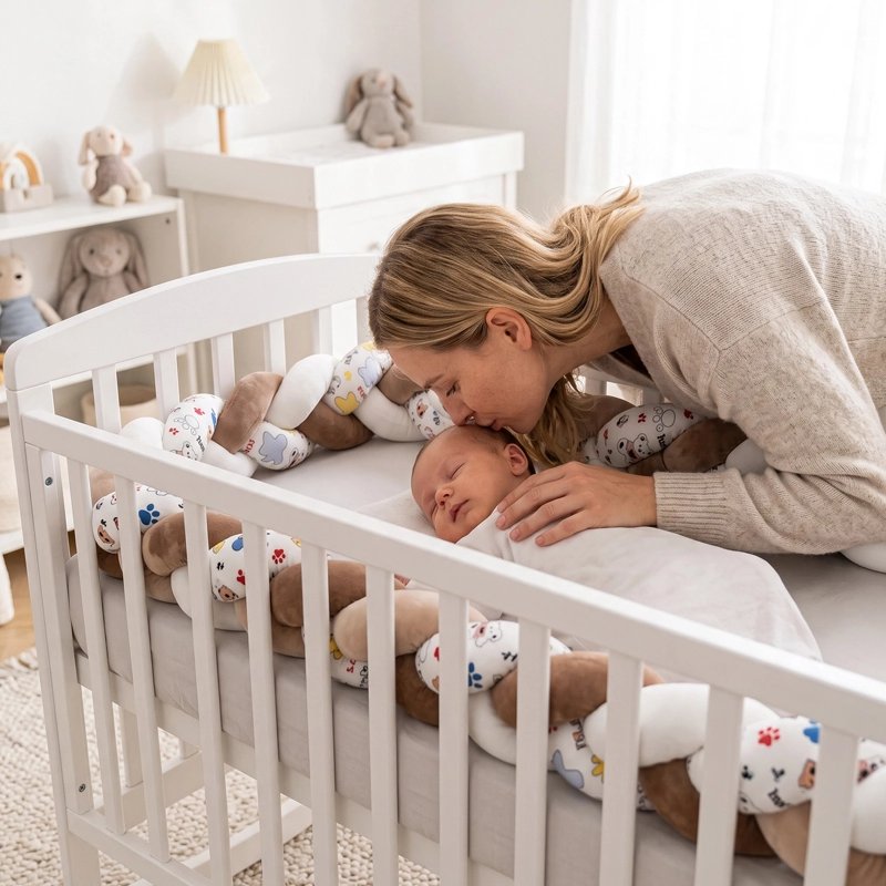 Tresse de lit decorative et securisante maman fait un bisou a son bebe