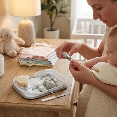 Trousse de toilette bebe complete maman coupe les ongles de son bebe