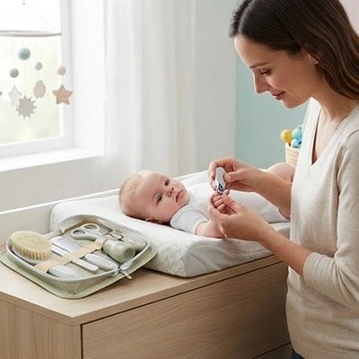 Trousse de toilette bebe complete maman nettoie les ongles de son bebe