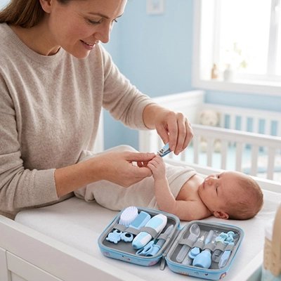 Trousse de toilette bebe ultra compacte maman coupe les ongles de son bebe