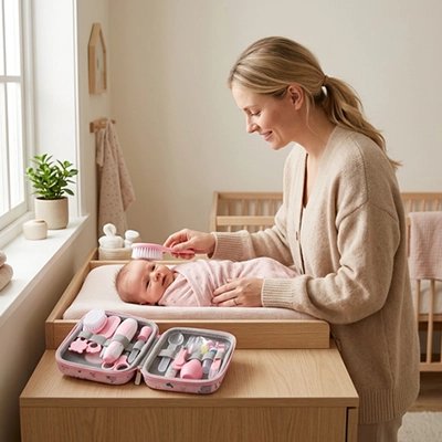 Trousse de toilette bebe ultra compacte maman utilise la brosse