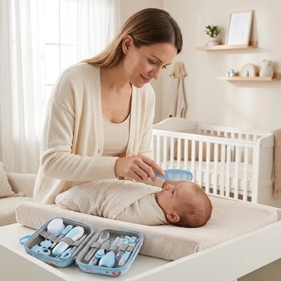 Trousse de toilette bebe ultra compacte maman utilise le peigne