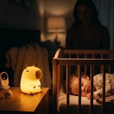 Veilleuse bébé douce lumière maman regarde son bébé dormir